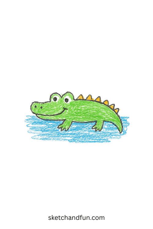 Simple crocodile drawing for beginners showing a smiling crocodile floating in water, perfect reptile animal art for kids and wildlife sketch lovers.