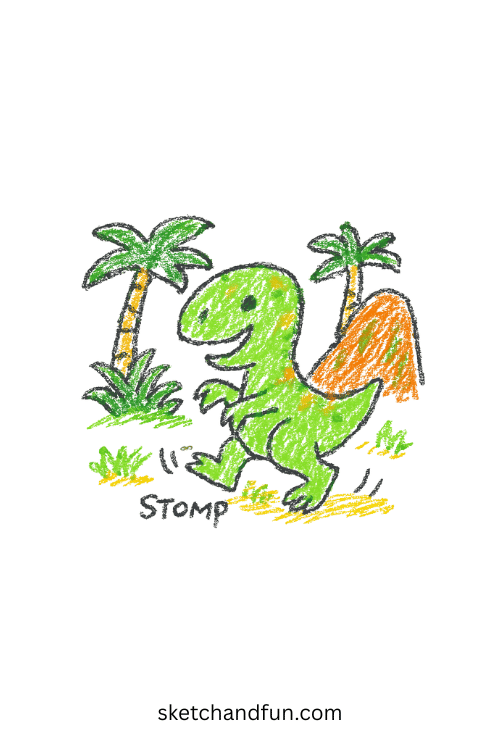 Simple dinosaur drawing for kids showing a playful baby dinosaur in a jungle, beginner-friendly prehistoric animal art for step-by-step drawing practice.