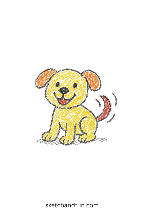 Simple dog drawing for beginners showing a playful puppy wagging its tail, beginner-friendly pet animal art for kids and easy drawing lessons.