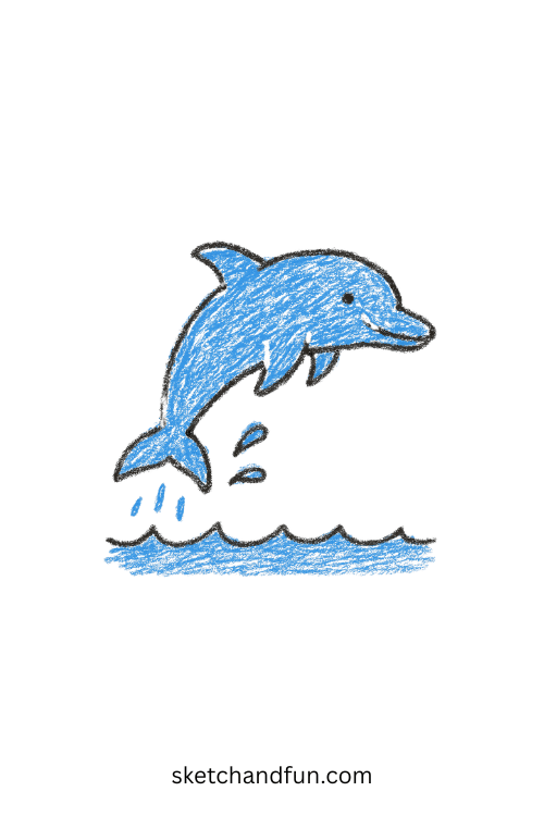 Beginner dolphin drawing featuring a playful dolphin leaping out of the ocean, simple aquatic animal sketch perfect for kids and sea creature art lovers.