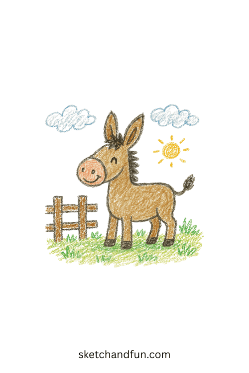 Simple donkey drawing featuring a baby donkey standing near a wooden fence, beginner animal art perfect for kids and farm animal lovers.