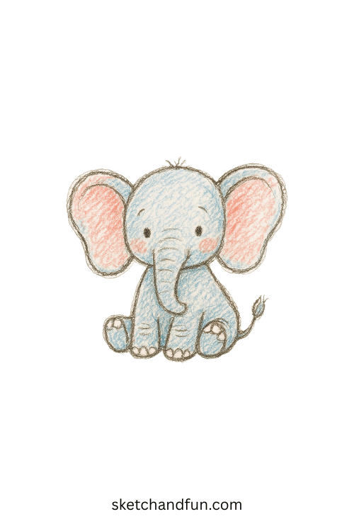 Simple elephant drawing for kids featuring a baby elephant splashing water playfully, perfect beginner animal art with soft lines for jungle wildlife enthusiasts.