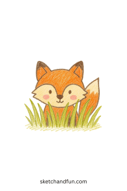 Cute fox drawing with a shy little fox peeking from tall grass, beginner animal art perfect for kids, wildlife lovers, and simple forest scene sketch ideas.