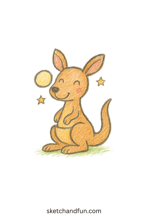 Beginner kangaroo drawing of a happy kangaroo with joey in pouch, simple animal art idea for kids learning step-by-step wildlife sketching.