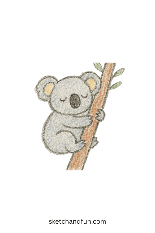 Cute koala drawing for beginners showing a sleepy koala clinging to a tree branch, perfect animal sketch idea for kids learning how to draw jungle creatures.
