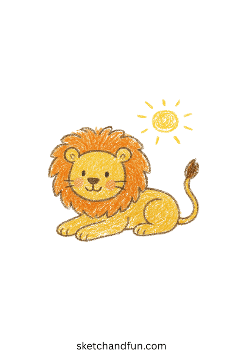 Easy lion drawing for beginners featuring a majestic lion with a fluffy mane resting calmly, perfect animal sketch idea for kids and jungle wildlife art lovers.
