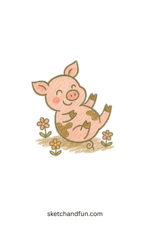 Simple pig drawing for kids showing a playful pig rolling in soft mud, beginner-friendly farm animal sketch perfect for drawing activities.
