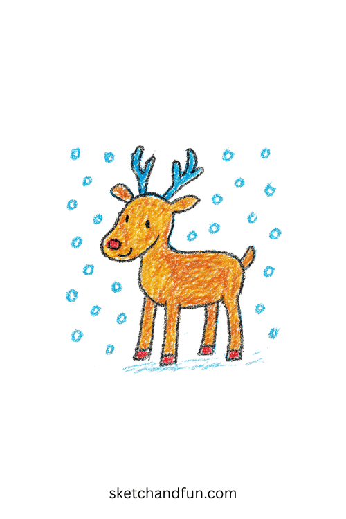 Simple reindeer drawing of a gentle reindeer in falling snow, beginner animal art for kids and holiday-themed wildlife drawing ideas.
