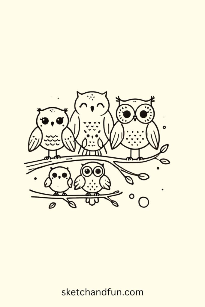 Owl Drawings Easy, Family of Owls Drawing