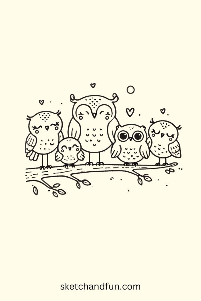 Owl Drawings Easy, Family of Owls Drawing