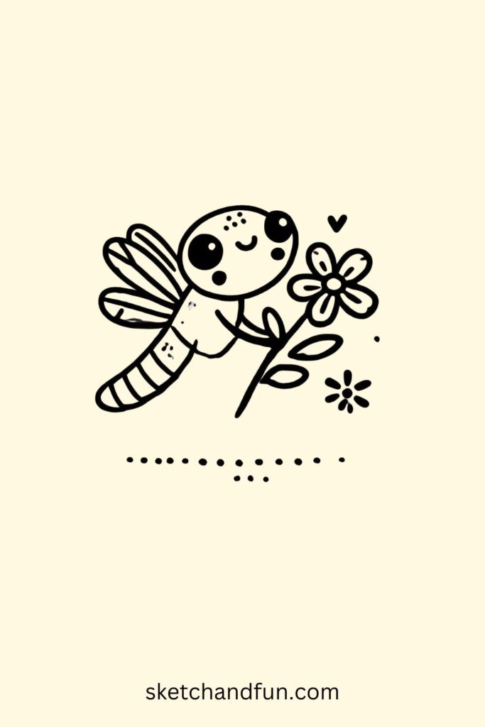 Flower-Holding Dragonfly Drawing