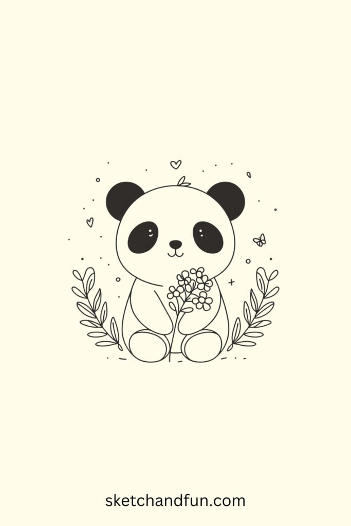 Cartoon Panda Drawing, Panda with Flowers Drawing