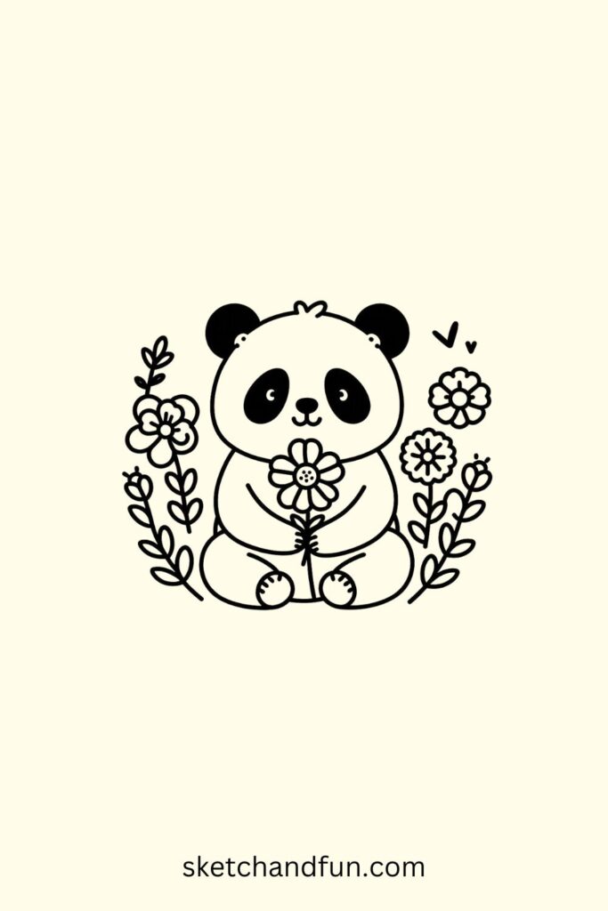 Cartoon Panda Drawing, Panda with Flowers Drawing