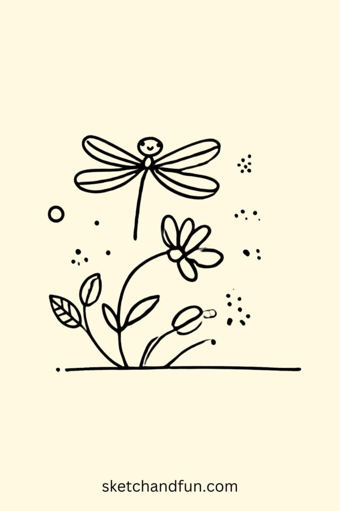Cute Flower Perched Dragonfly Drawing