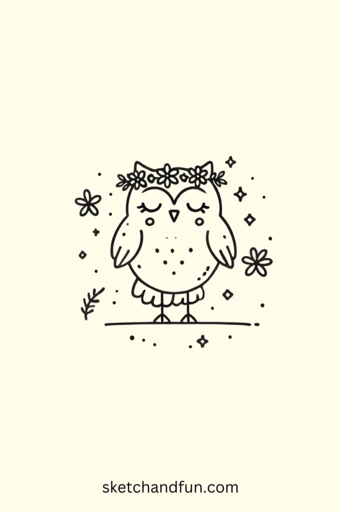 Easy Simple Owl Drawing, Owl with a Flower Crown Drawing