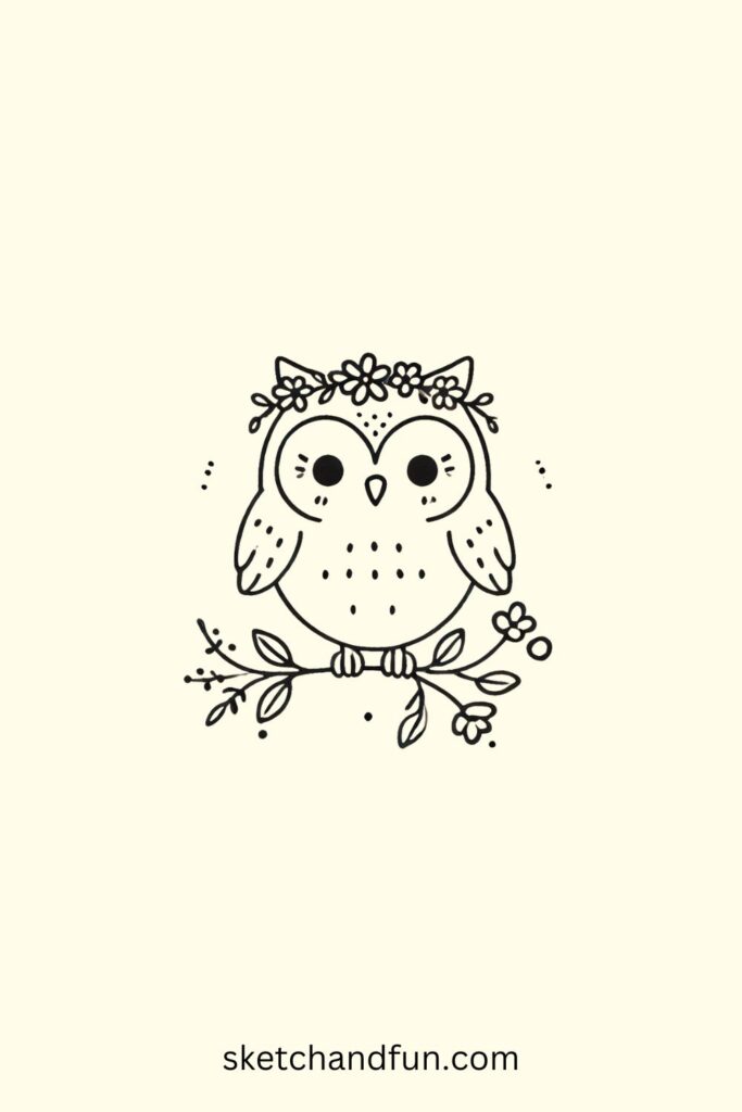 Easy Simple Owl Drawing, Owl with a Flower Crown Drawing