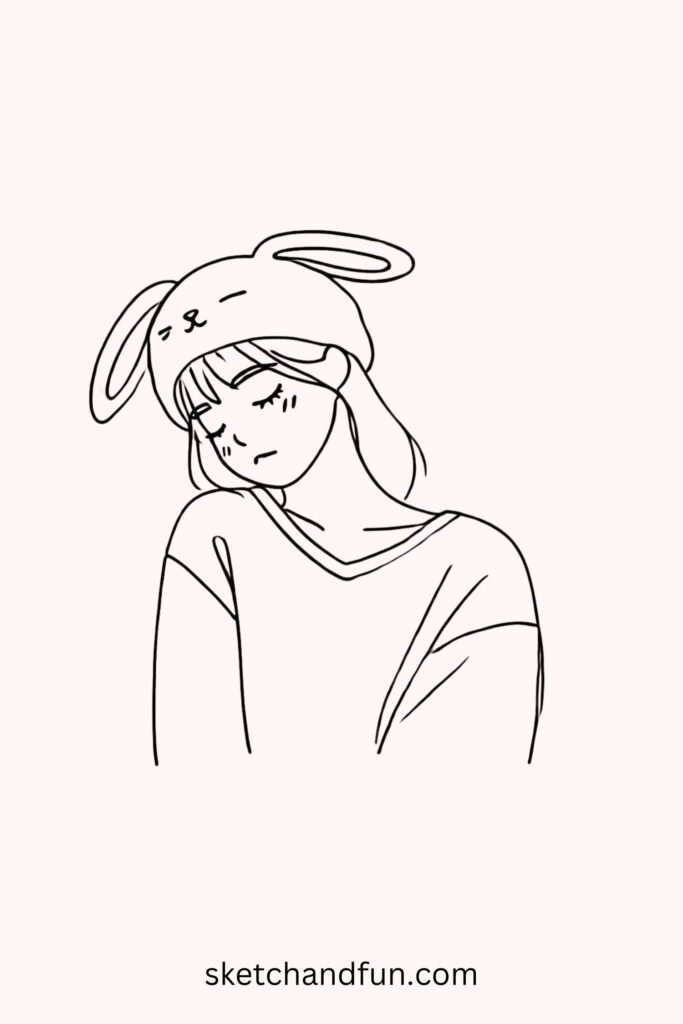 Beautiful Anime Girl Drawing, Girl with a Bunny Hat Drawing