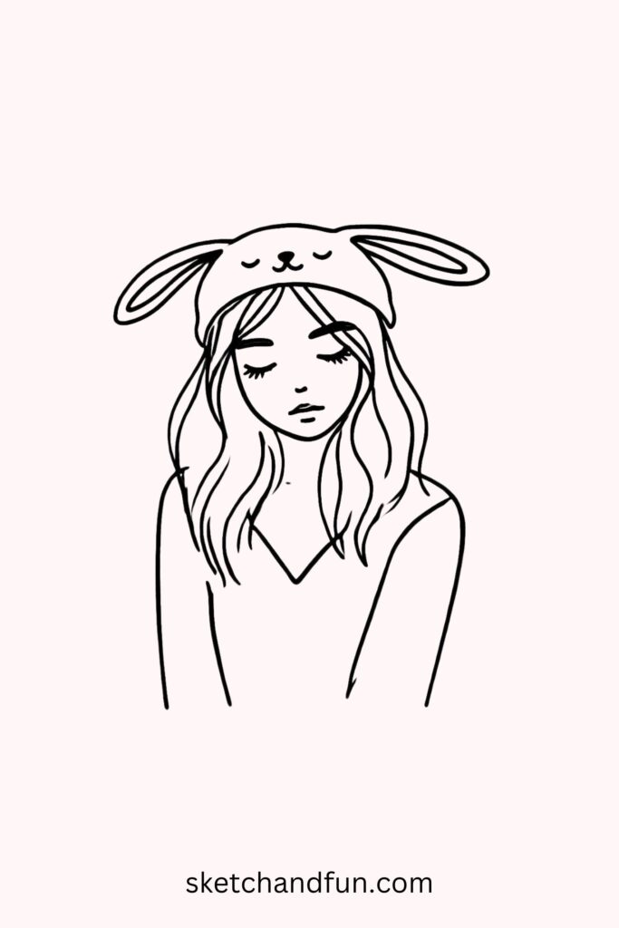 Beautiful Anime Girl Drawing, Girl with a Bunny Hat