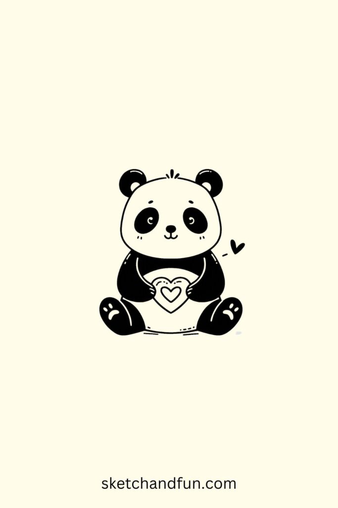 Easy Panda Drawing Cute, Panda with Heart Drawing