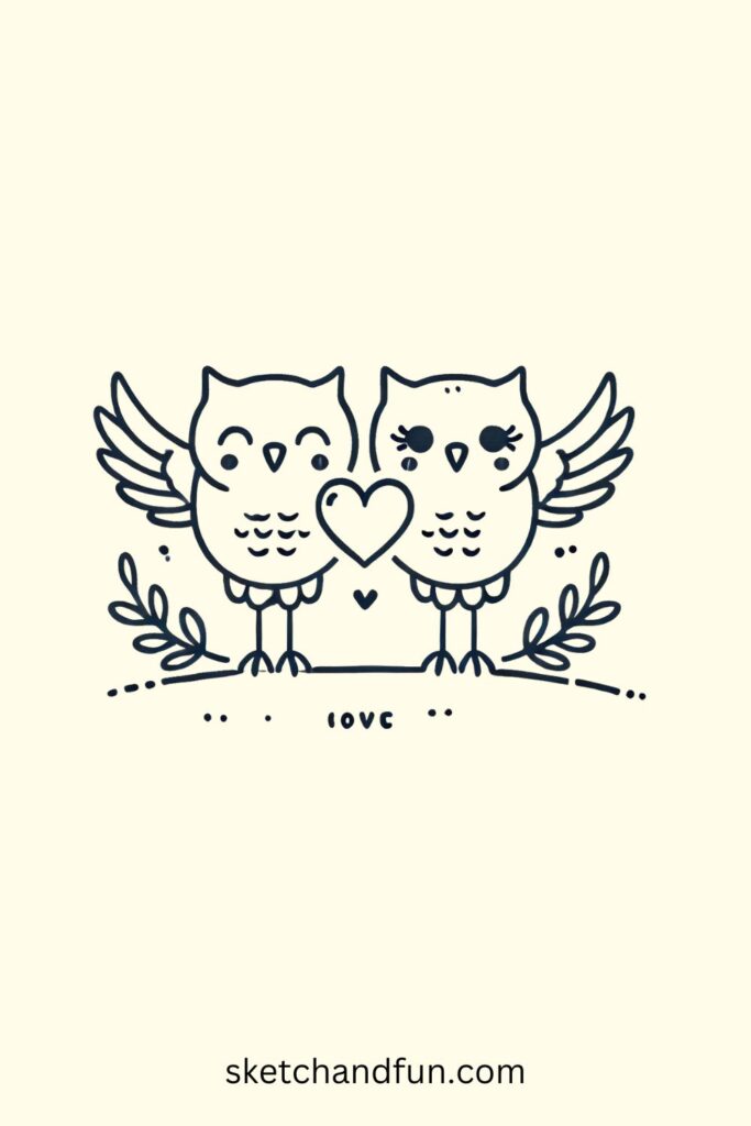 Owl Drawing For Kids, Owl in Love Drawing