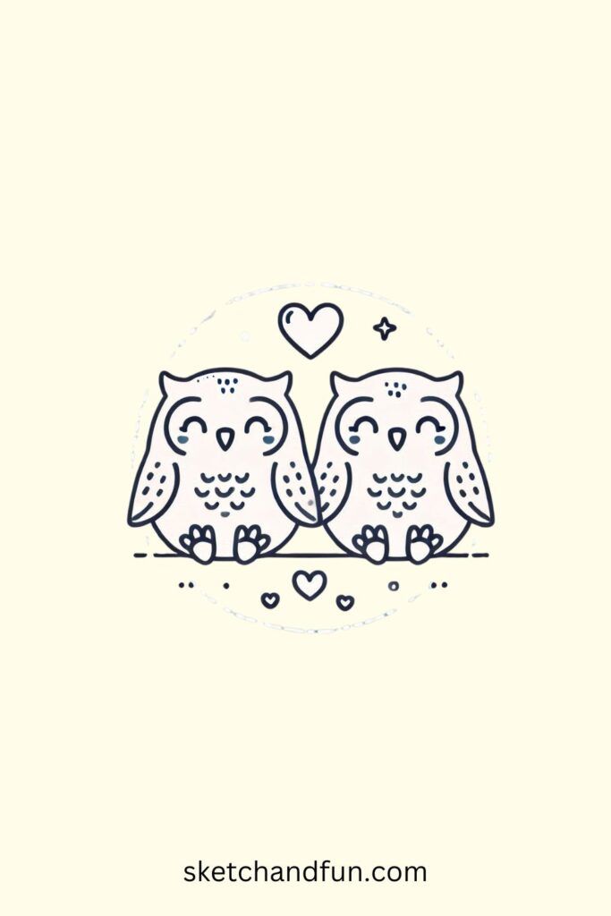 Owl Drawing For Kids, Owl in Love Drawing