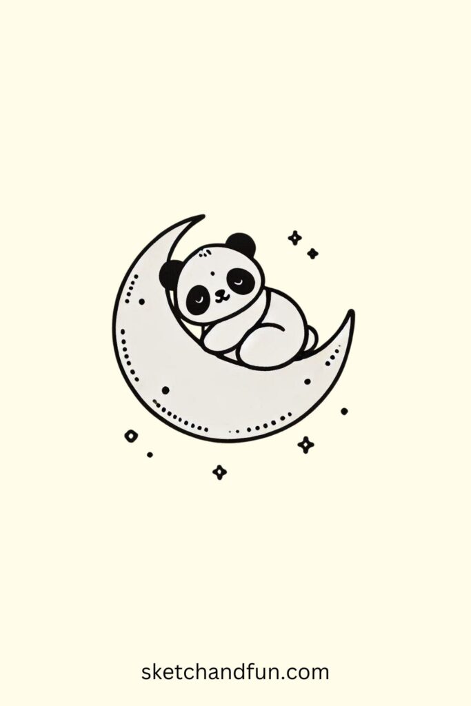 Panda Drawing Cute, Panda on a Crescent Moon Drawing