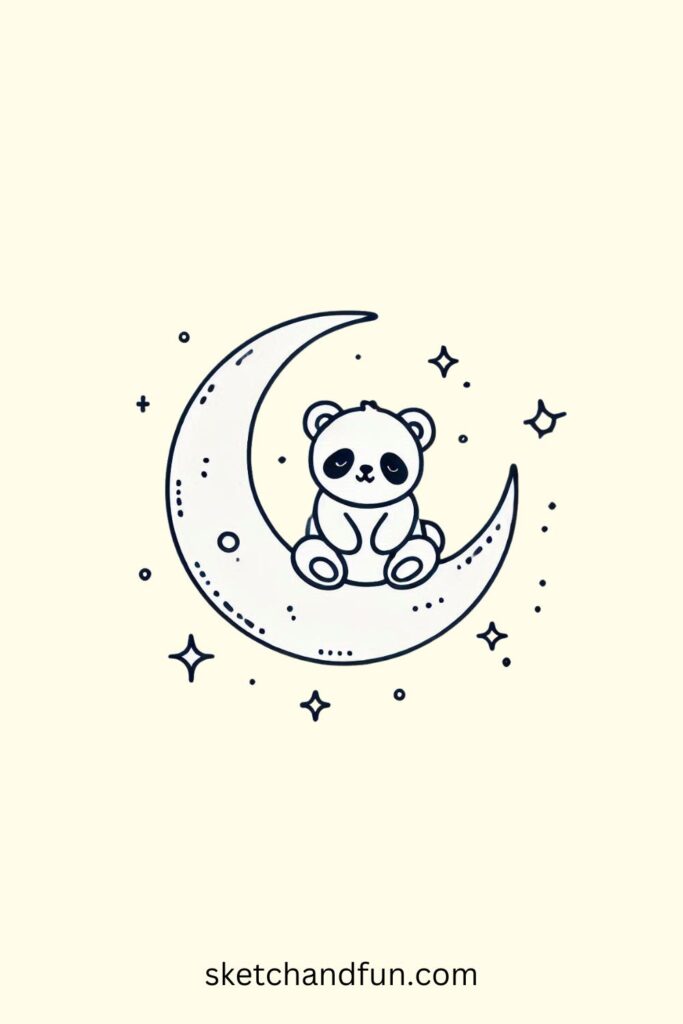 Panda Drawing Cute, Panda on a Crescent Moon Drawing