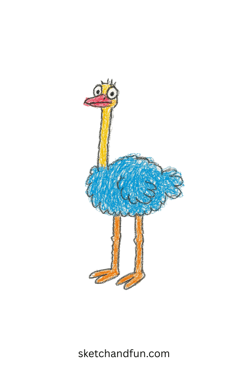 Cute ostrich drawing for beginners, simple animal art idea of tall ostrich with fluffy feathers, easy sketch for kids and teens.