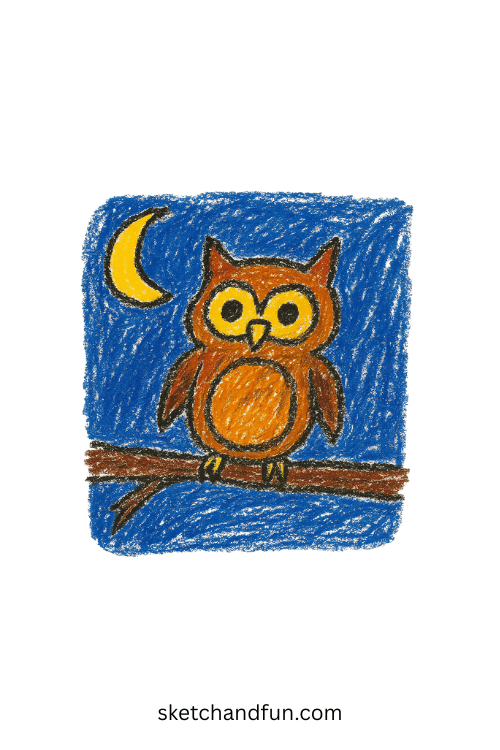 Cute owl drawing for beginners, simple animal art of forest owl on a branch at night, easy and fun sketch for kids and beginners.