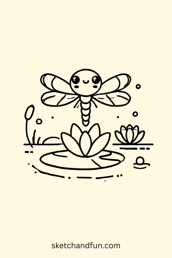 Easy Cute Dragonfly Drawing, Dragonfly in a Pond Drawing