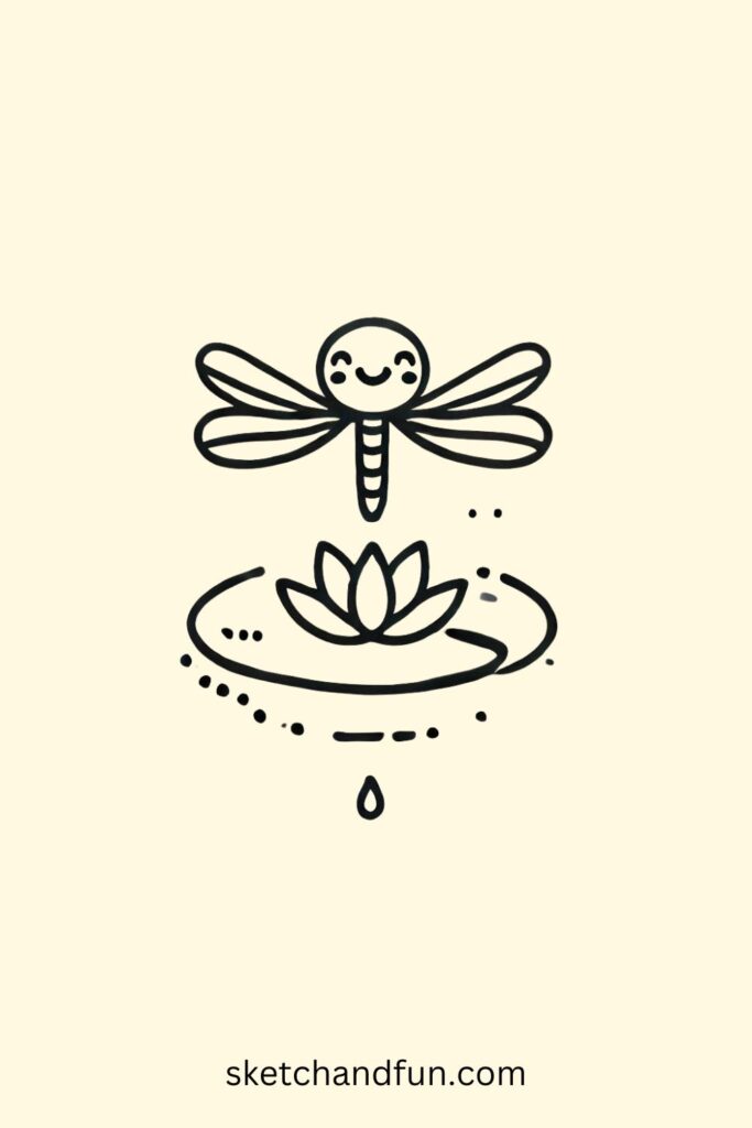Easy Cute Dragonfly Drawing, Dragonfly in a Pond Drawing