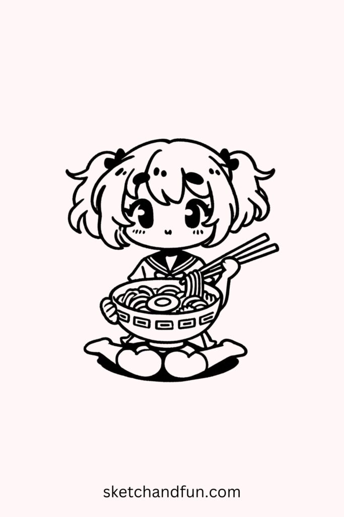 Kawaii Anime Girl Drawing, Anime Girl Eating Ramen Drawing