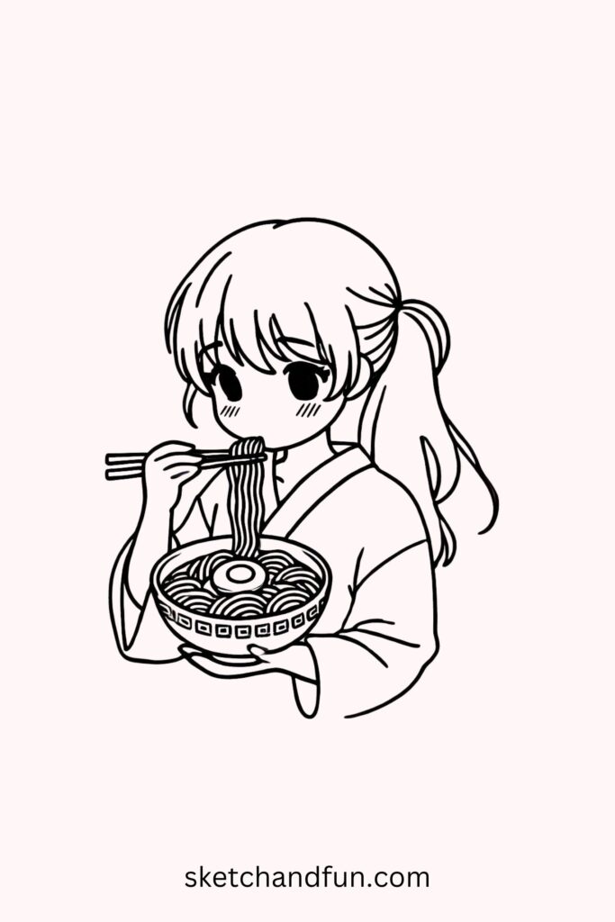 Kawaii Anime Girl Drawing, Anime Girl Eating Ramen Drawing