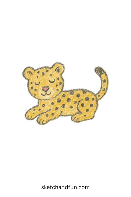 Beginner cheetah drawing featuring a resting cheetah with spotted fur, easy animal art for kids and wildlife drawing activities for beginners.