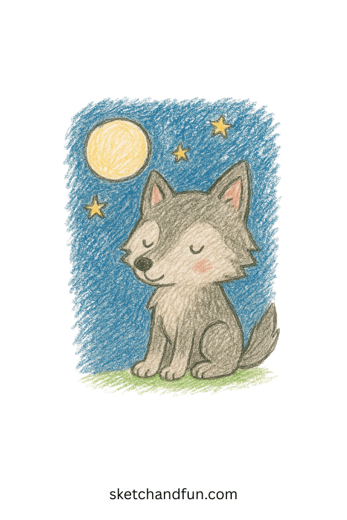 Beginner wolf drawing of a gentle wolf sitting under the moonlight, easy animal sketch for kids practicing wildlife art and forest animal drawing ideas