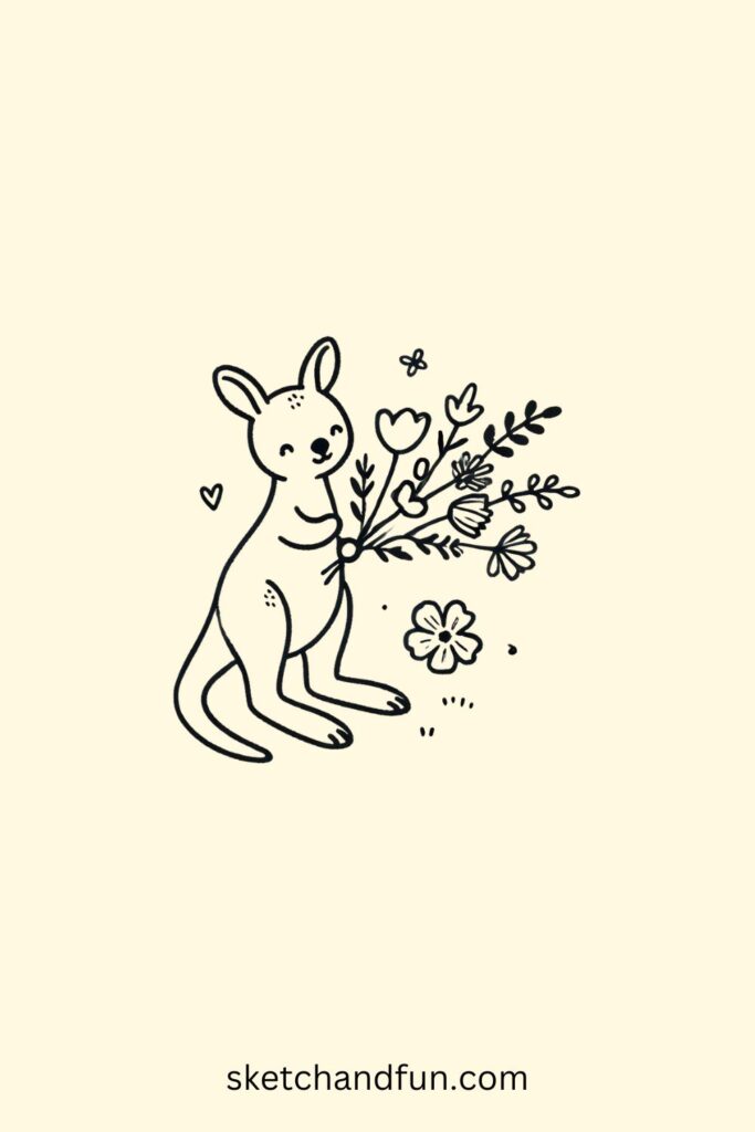 Cute Kangaroo Drawing, Kangaroo with Flowers Drawing Easy