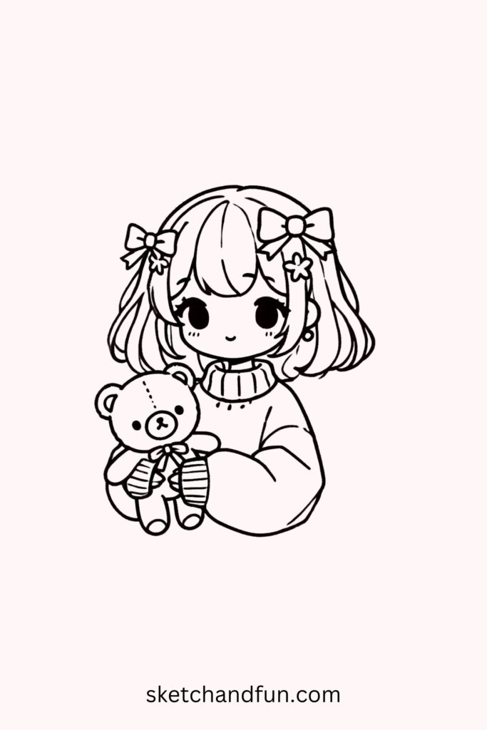 Anime Girl To Draw, Anime Girl Holding a Stuffed Animal Drawing