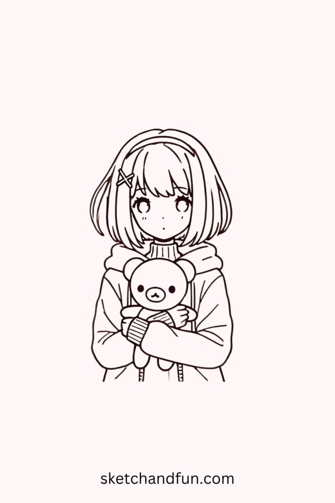 Anime Girl To Draw, Anime Girl Holding a Stuffed Animal Drawing