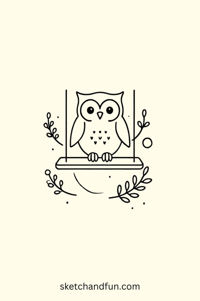 Owl Easy To Draw, Owl on a Swing Drawing