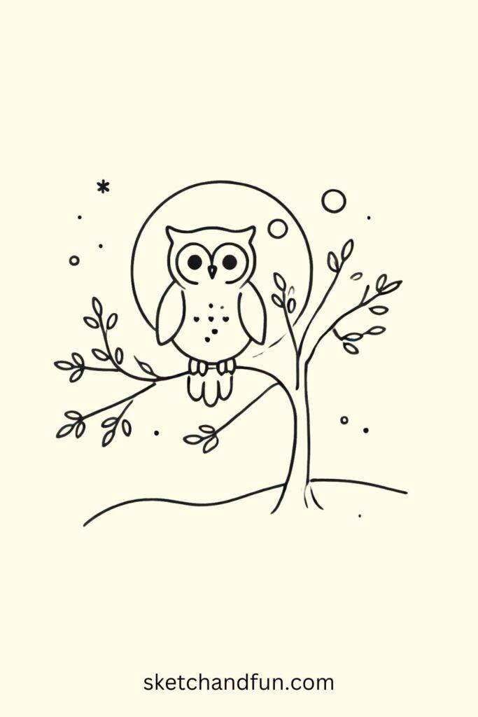 Easy Owl Drawing, Owl in a Tree Drawing