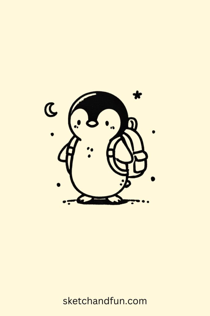 Cute Penguin Drawing, Penguin with a Backpack Easy Drawing