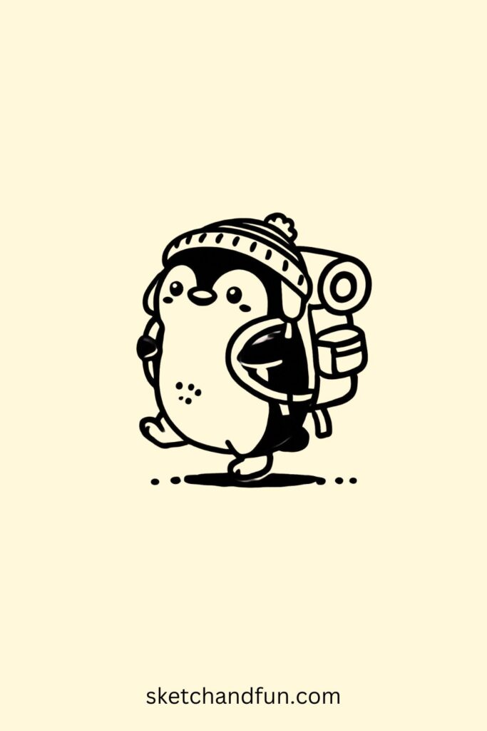 Cute Penguin Drawing, Penguin with a Backpack Easy Drawing