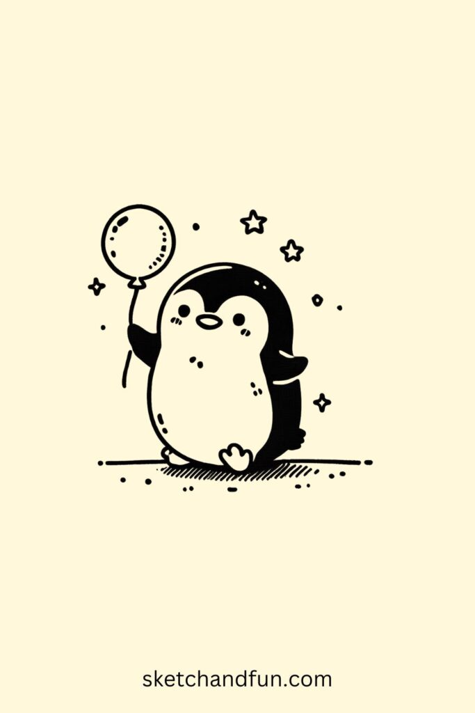 Easy Penguin Drawing Cute, Penguin Holding a Balloon