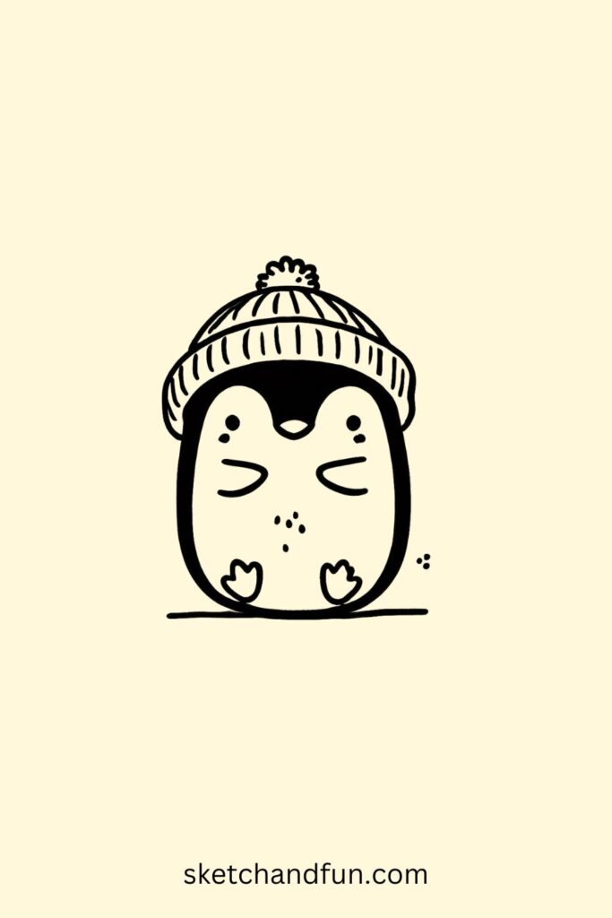 easy to draw penguin, Penguin in a Beanie Drawing