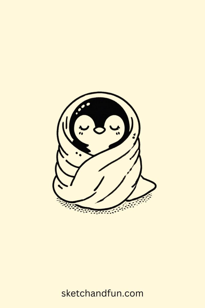 Cool Penguin Drawing, Penguin Wrapped in a Blanket Easy Drawing