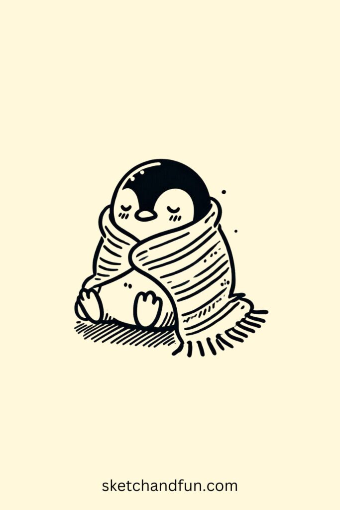 Penguin Drawing Idea, Penguin Wrapped in a Blanket Easy Drawing