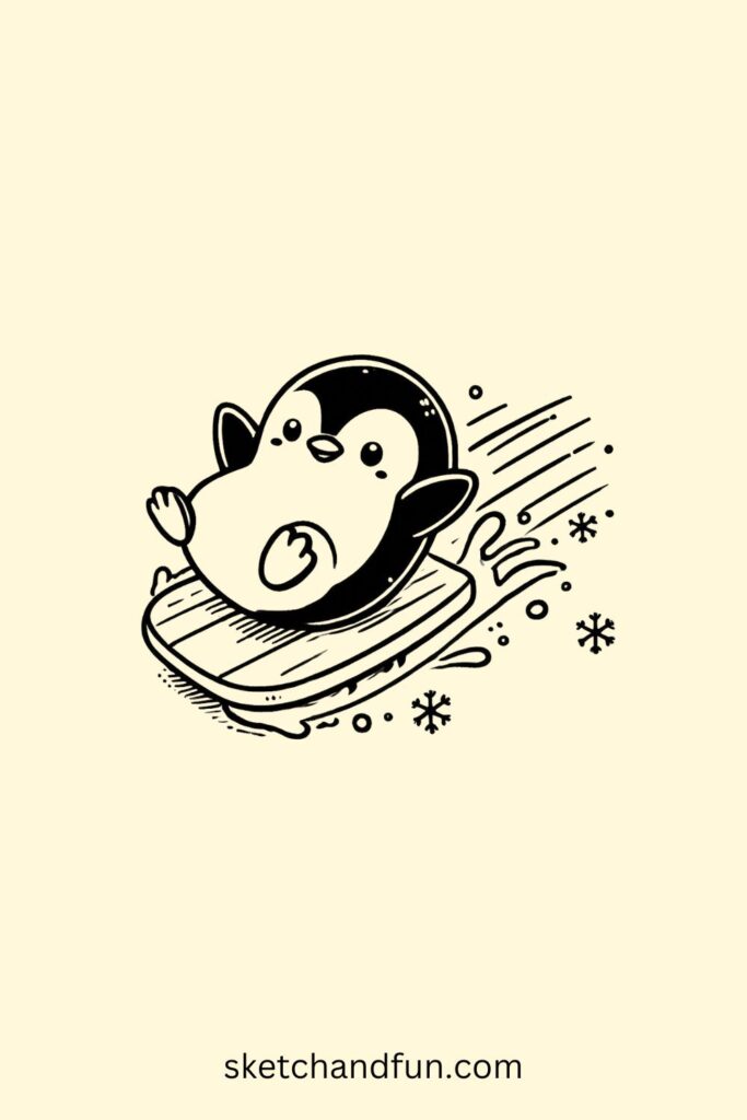 Cartoon Penguin Drawing, Penguin Sliding on Ice Easy Drawing