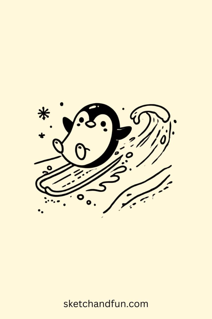 Cartoon Penguin Drawing, Penguin Sliding on Ice Drawing Easy