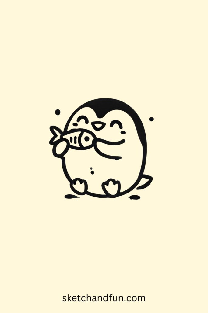 kawaii Penguin Drawing, Penguin Eating a Fish Easy Drawing