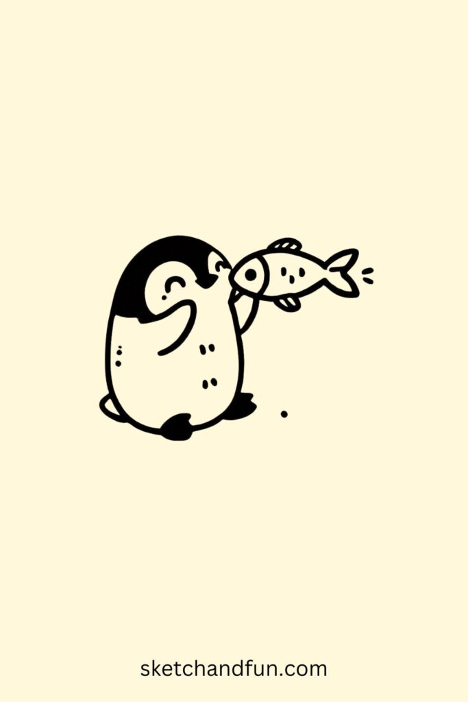 kawaii Penguin Drawing, Penguin Eating a Fish Easy Drawing